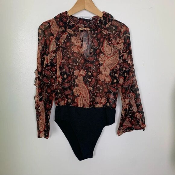 Zara Printed Ruffled Bodysuit Multicolor Sz XS - Picture 7 of 13